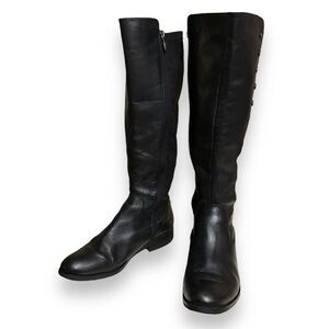 TAHARI Black Leather & Stretch Panel Brady Knee Boots Side Button Detail